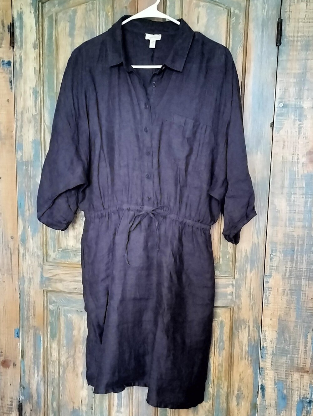 Garnet Hill Linen Shirt Dress Button Down w Elastic Drawstring Waist, Pockets, S